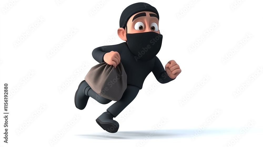 3D Cartoon Thief in Black Mask Running with Bag, Isolated on White Background 3D Cartoon Thief in Black Mask Running with Bag, Isolated on White Background