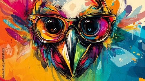 Colorful owl portrait wearing glasses, vibrant paint splashes background. photo