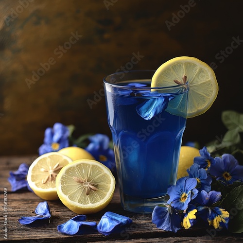 Refreshing Butterfly Pea Flower Tea with Lemon Slices and Vibrant Blue Petals in a Rustic Glass Surrounded by Fresh Lemons and Flowers on a Wooden Table photo