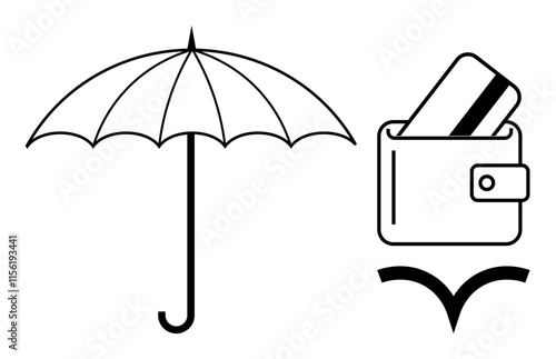 Umbrella covers wallet with credit card, indicating protection and security. Ideal for finance, insurance, savings, investments, banking, personal security business continuity. Line metaphor