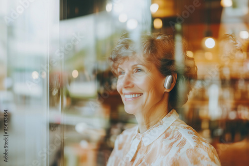 Elderly woman smiling through café window 