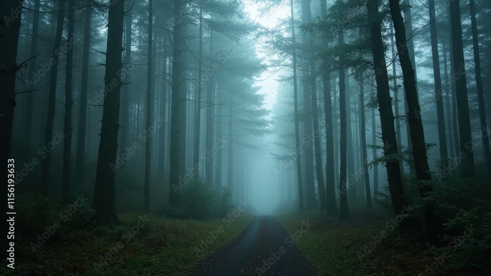 Obraz premium Mystical Forest Path: Ethereal Fog and Enchanting Woods