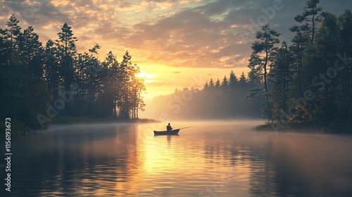 Solitary fisherman in a calm lake at sunrise, surrounded by misty forest.