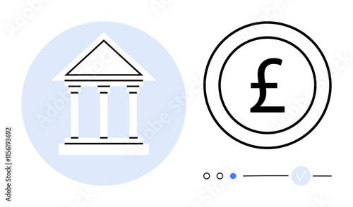 Bank facade with pillars next to a pound currency sign. Ideal for finance, banking, investment, savings, economics, currency exchange, financial planning. Line metaphor