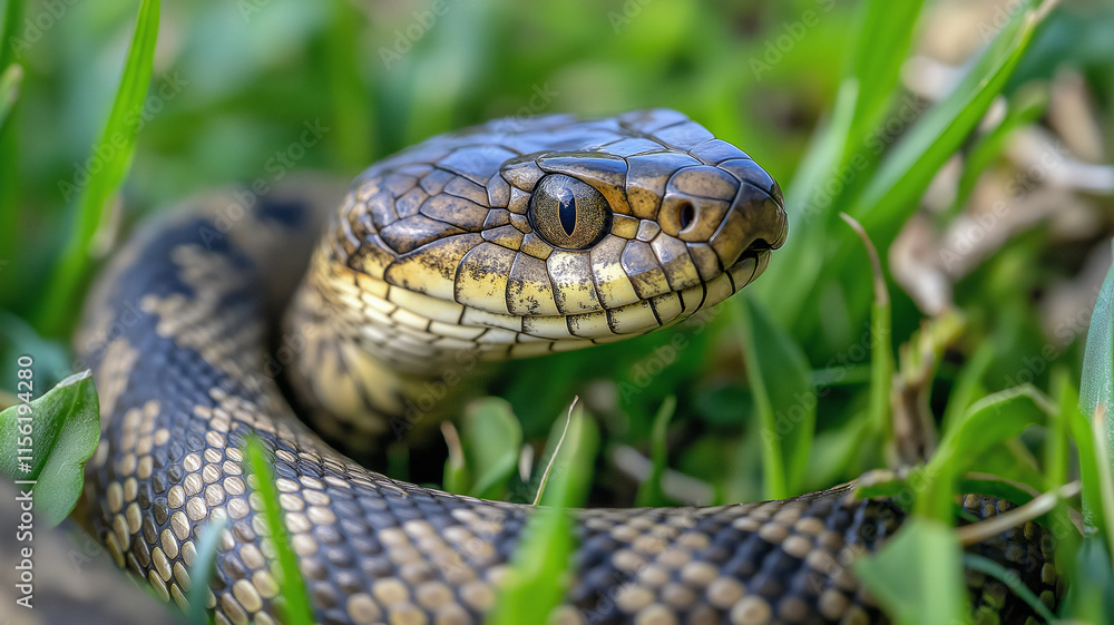 A detailed close-up of a brown and black patterned snake resting in green grass, showcasing its scales and intense gaze..