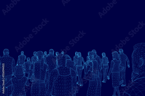 Group of people are walking. The people are all different sizes and are walking in different directions.