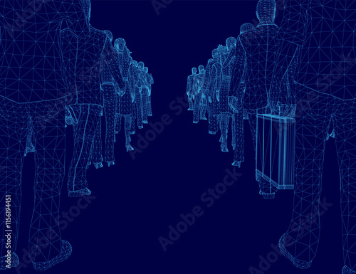 Group of people are walking down a hallway with a suitcase in the foreground. The image is a computer generated drawing of people in a crowd