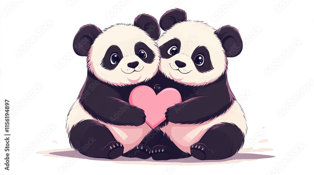 Obraz premium Adorable pandas holding pink heart in cute cartoon The 14th of February. Happy Valentine's Day