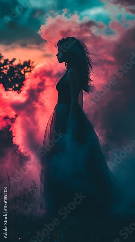 Silhouette of a woman in a flowing dress, dramatic sky. Concept of fantasy, dreams, and ethereal beauty.