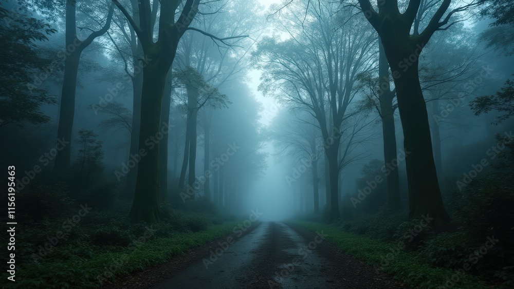 Naklejka premium Mystical Forest Road: Ethereal Fog and Ancient Trees