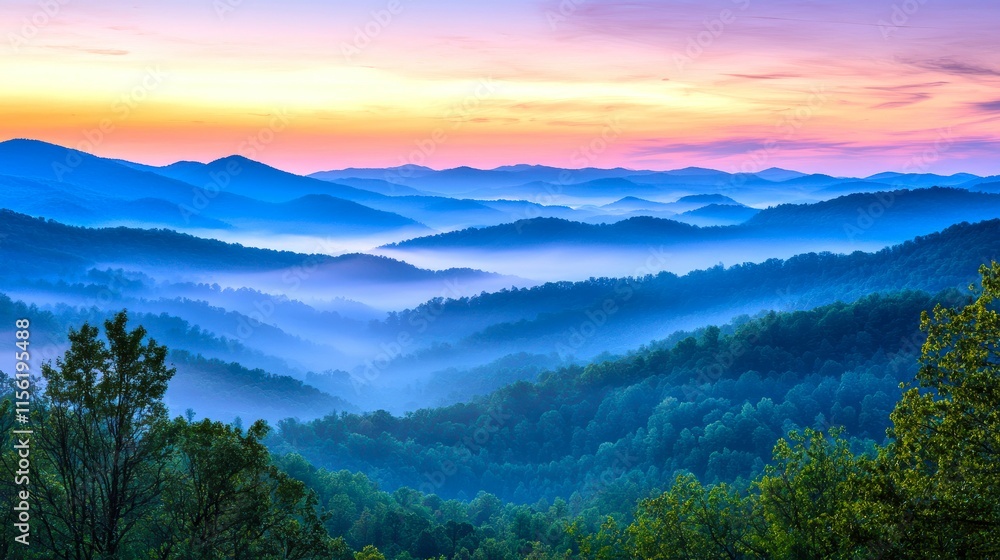 Serene Mountain Landscape at Sunrise with Misty Fog and Colors Serene Mountain Landscape at Sunrise with Misty Fog and Colors