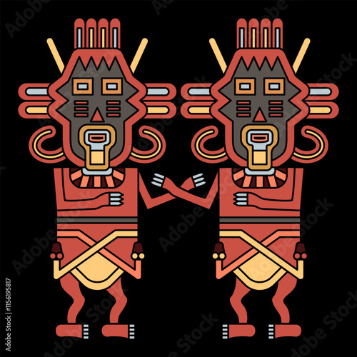 Symmetrical ethnic design with two stylized human figurines from Paracas. Twin heroes. Indigenous ethnic Native American design from ancient Peru. On black background.