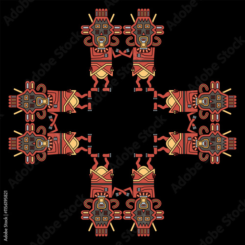 Square cross shape ornament or frame with two human figurines from Paracas. Twin heroes. Indigenous ethnic Native American design from ancient Peru. On black background.