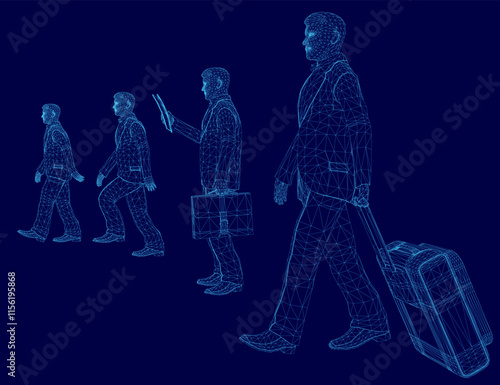 Man is walking with a suitcase and a cell phone. The image is a series of four people walking in a line