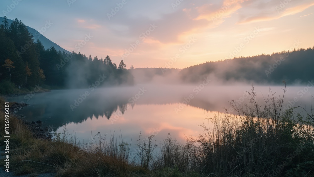 Fototapeta premium Misty Sunrise Serenity: A Tranquil Mountain Lake Reflecting Dawn's Embrace