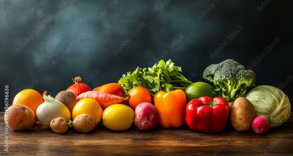 Vibrant assortment of fresh vegetables on rustic wooden surface against dark background. Vibrant assortment of fresh vegetables on rustic wooden surface against dark background.