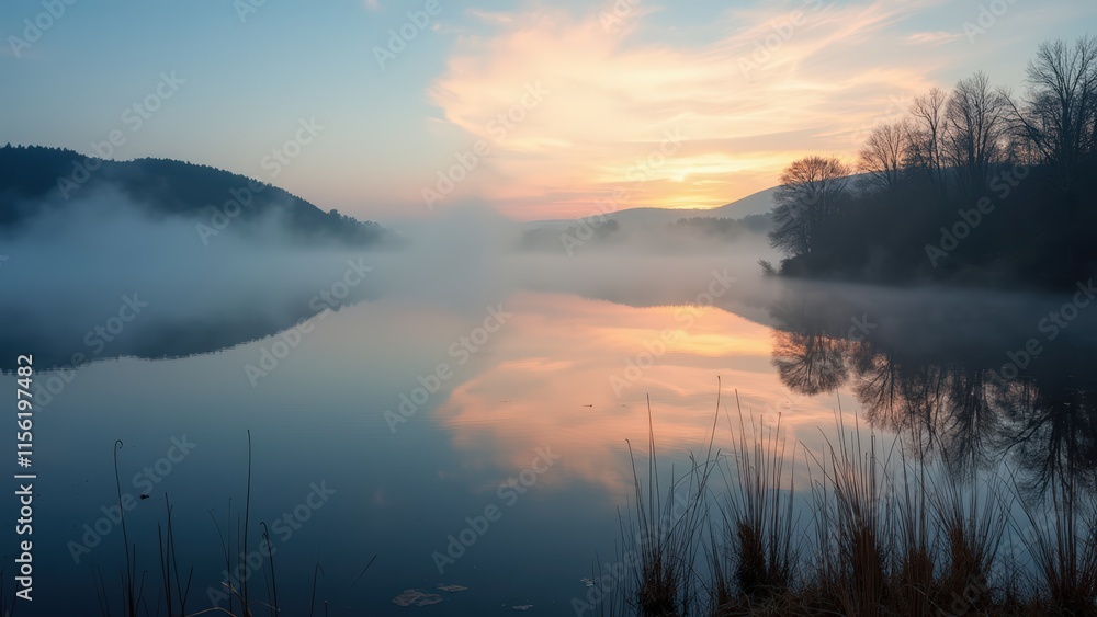 Fototapeta premium Misty Sunrise Serenity: A Tranquil Lake Reflection