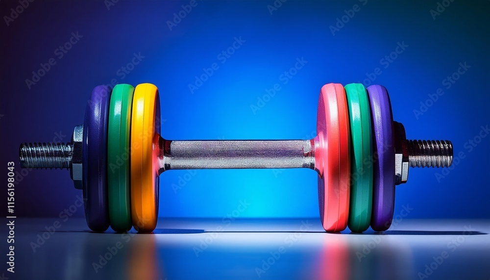 Naklejka premium A colorful dumbbell with purple, green, yellow, and blue weights