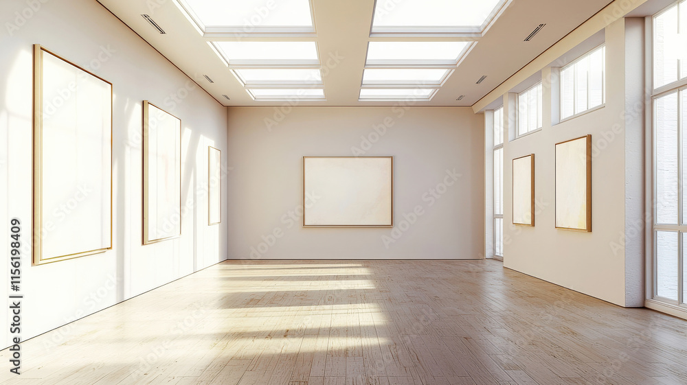 A contemporary art gallery featuring an open space design with neutral colors, large windows allowing natural light to flood in, creating a bright and inviting atmosphere for visitors. A contemporary art gallery featuring an open space design with neutral colors, large windows allowing natural light to flood in, creating a bright and inviting atmosphere for visitors.