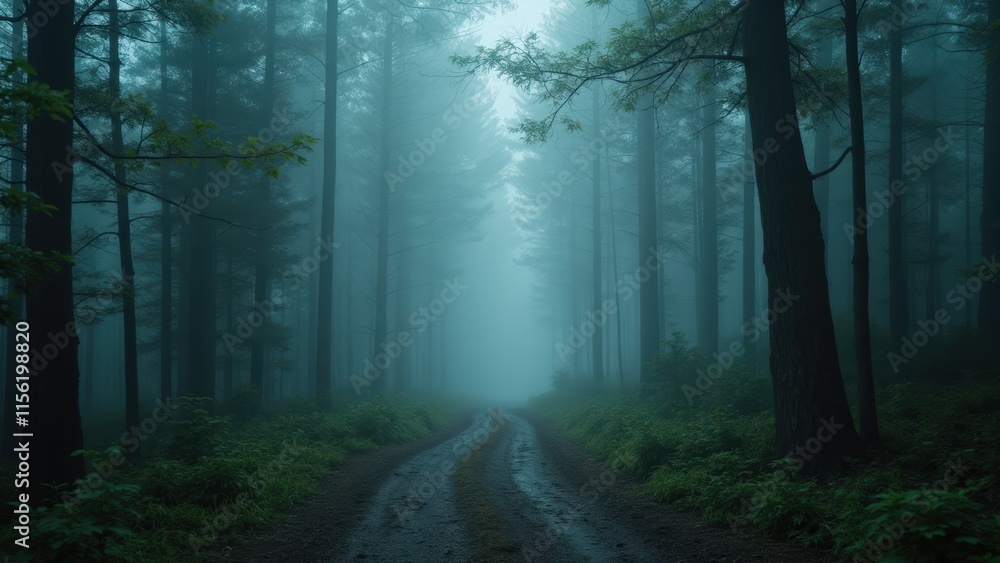 Fototapeta premium Mystical Forest Road: Foggy Path Through Enchanted Woods