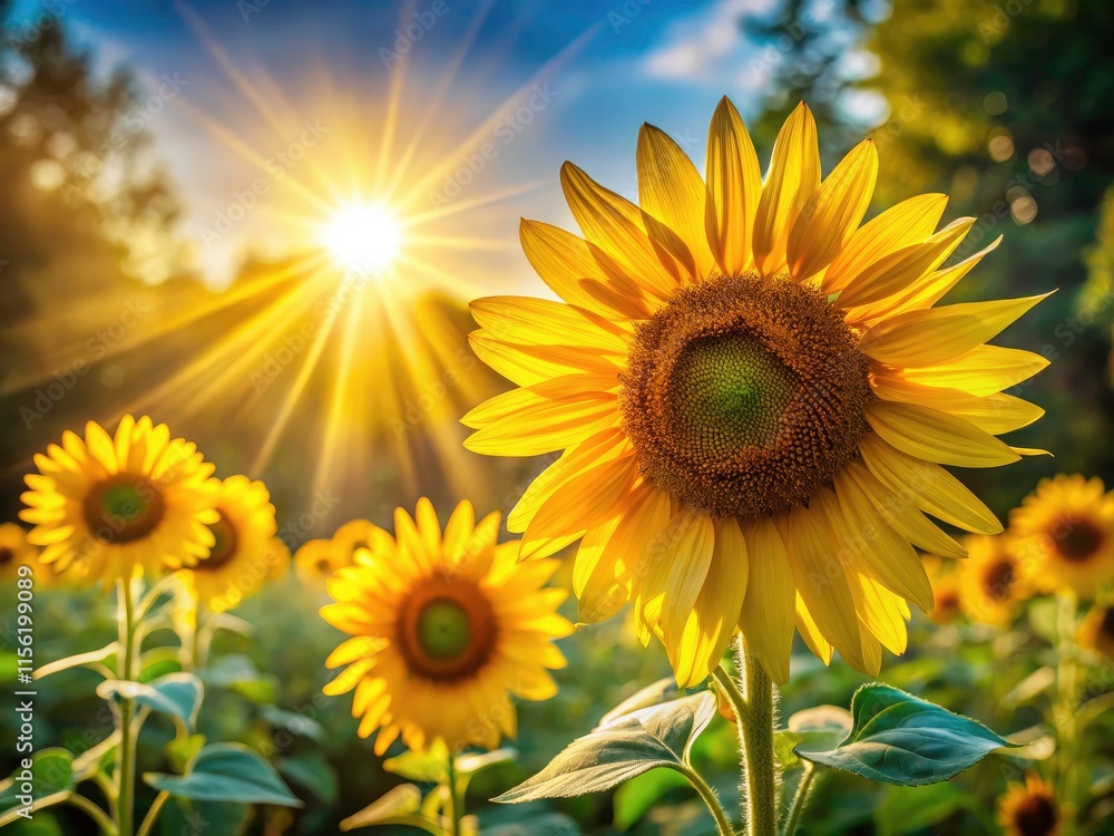 Fototapeta premium Minimalist Sunbeam Sunflower Closeup: Vibrant Summer Nature Photography
