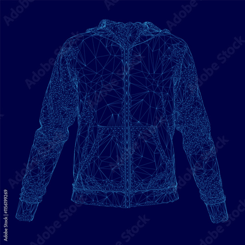 Blue jacket with a hood is shown in a computerized image. The jacket is made of a shiny material and has a zipper on the front. The jacket is designed to look like a 3D model, giving it a futuristic