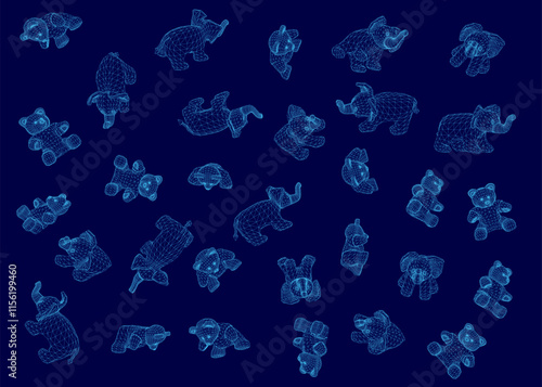 Blue background with many different animals scattered throughout. The animals are all different sizes and shapes, and they are all in various positions. Scene is playful and whimsical