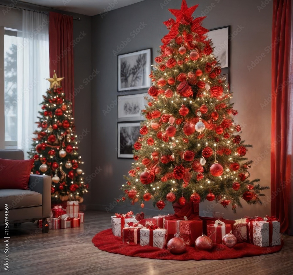 A decorated red Christmas tree with ornaments and garlands in a modern room, garlands, christmas decorations A decorated red Christmas tree with ornaments and garlands in a modern room, garlands, christmas decorations