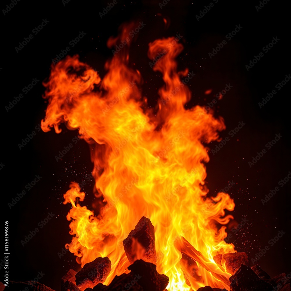 A burning fire crackling with flames on a dark black background with smoldering embers and sparks, wildfire, glowing coals, campfire A burning fire crackling with flames on a dark black background with smoldering embers and sparks, wildfire, glowing coals, campfire