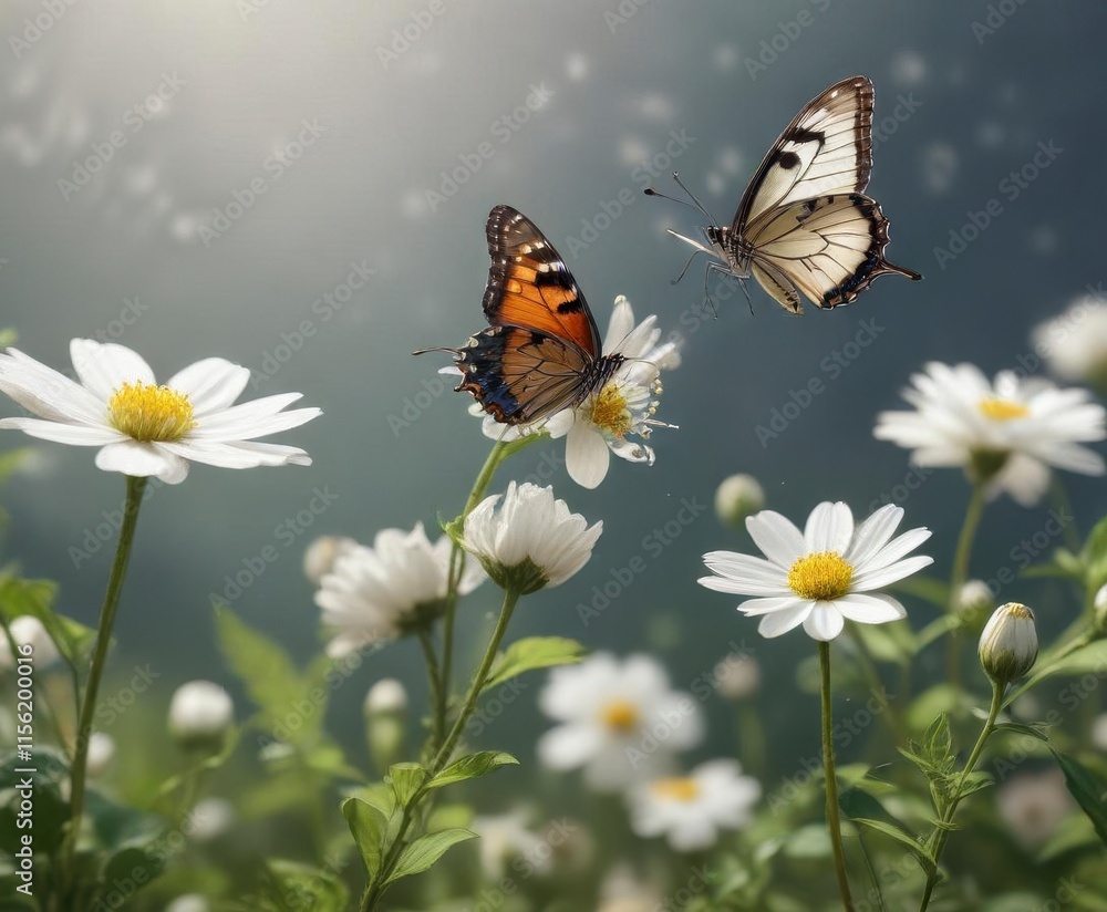A single butterfly hovering around a small white flower, garden, flowers A single butterfly hovering around a small white flower, garden, flowers