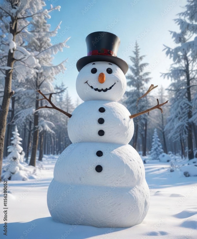 Naklejka premium A smiling snowman stands in a serene winter landscape with frosty trees and a clear blue sky, frost, winter
