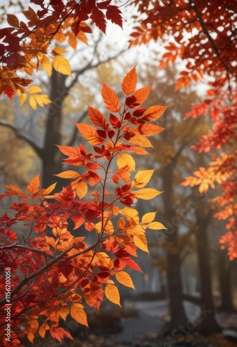 Autumn branch with vibrant red leaves and golden hues ,  nature,  yellow