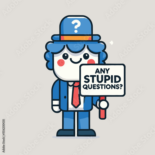 cheerful cartoon character holding the any stupid question sign