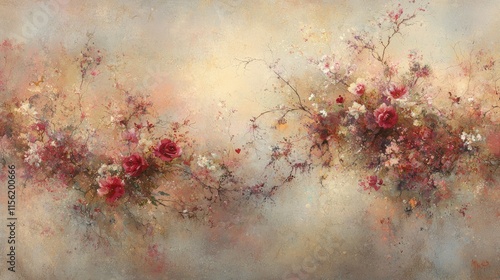 Romantic floral painting with red and pink roses, branches, and soft background.