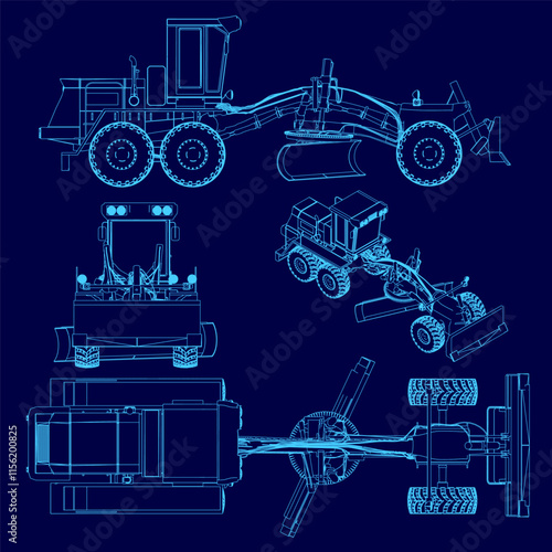 Blue drawing of a construction vehicle. The drawing is of a machine with a large blade on the front