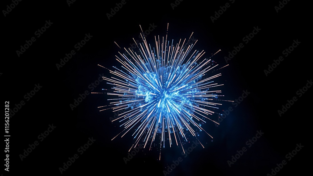 Close-up of a single isolated blue firework exploding in the sky, firework detail, light show Close-up of a single isolated blue firework exploding in the sky, firework detail, light show