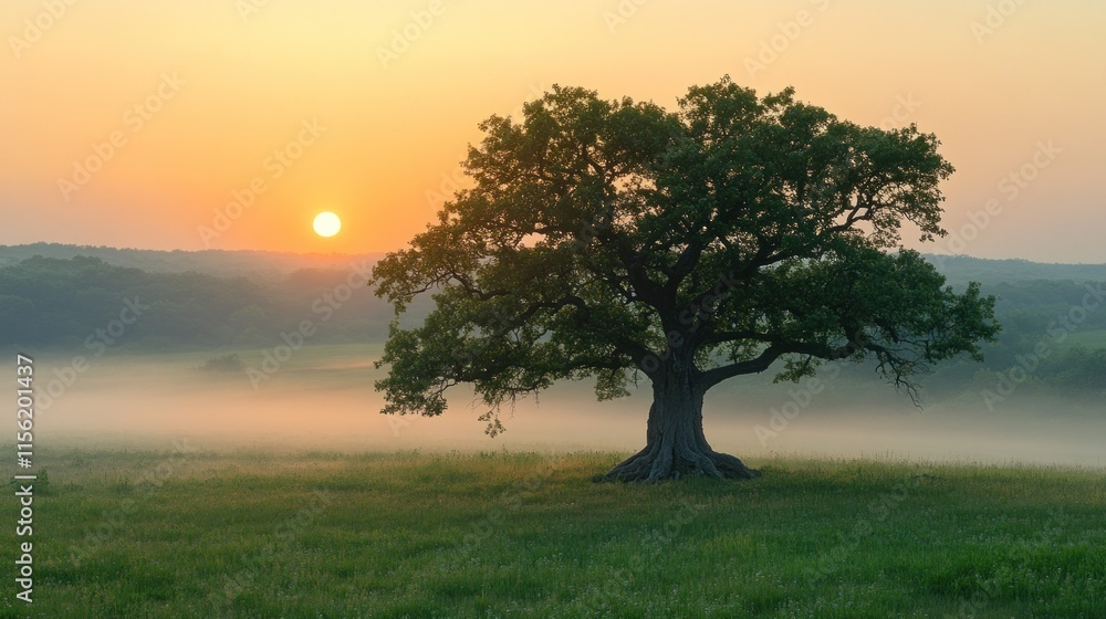 Obraz premium A serene sunrise over a misty landscape with a solitary tree.