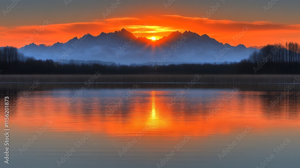 Majestic Sunset Over Mountain Lake Reflection Majestic Sunset Over Mountain Lake Reflection