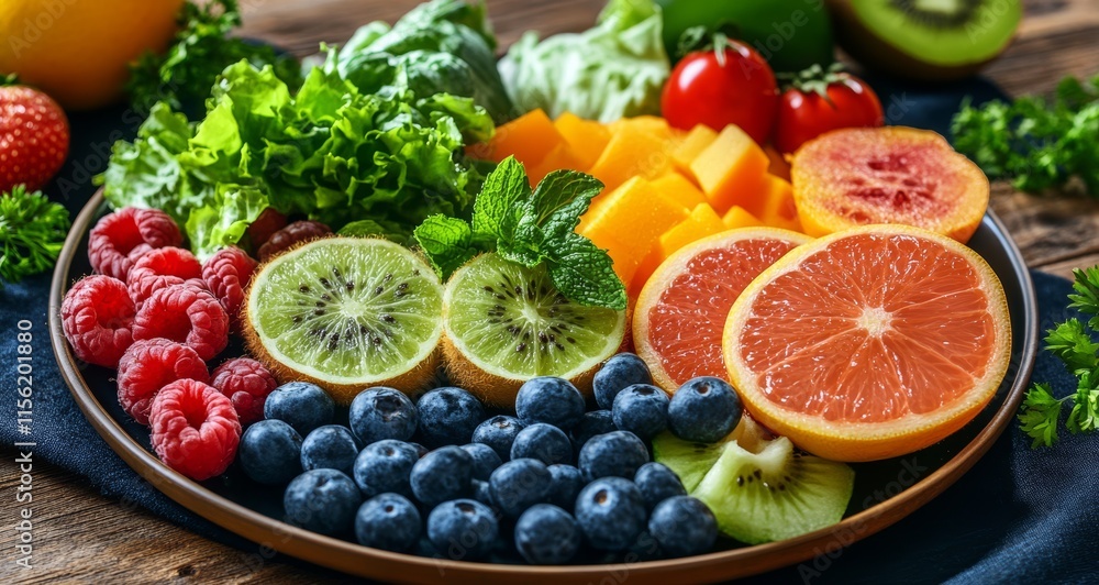 Colorful platter of fresh fruits and vegetables. Colorful platter of fresh fruits and vegetables.