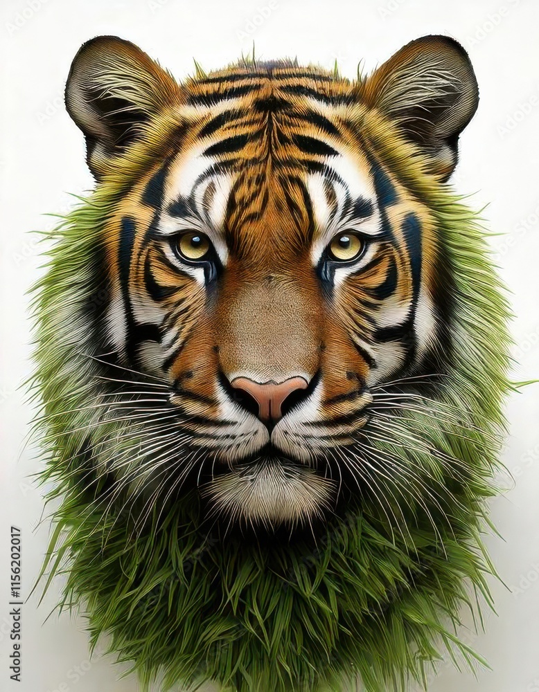 Obraz premium A lifelike tiger portrait showcasing its vibrant orange fur with striking green accents, set against a pristine white background.