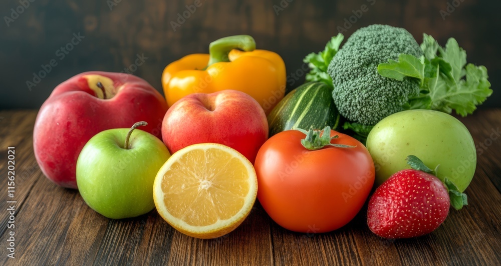 Fresh, colorful fruits and vegetables on a wooden table. Fresh, colorful fruits and vegetables on a wooden table.
