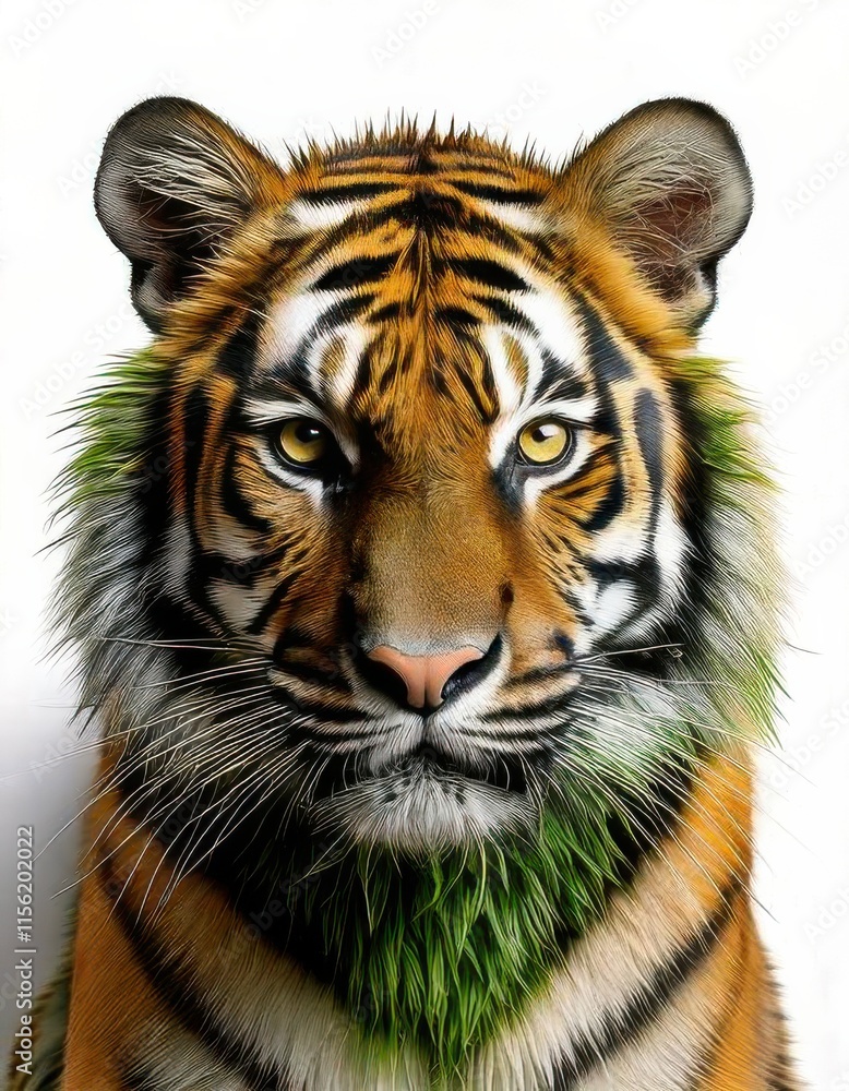 Obraz premium Realistic tiger portrait featuring vibrant orange fur and distinctive green fur accents, set against a clean white background.