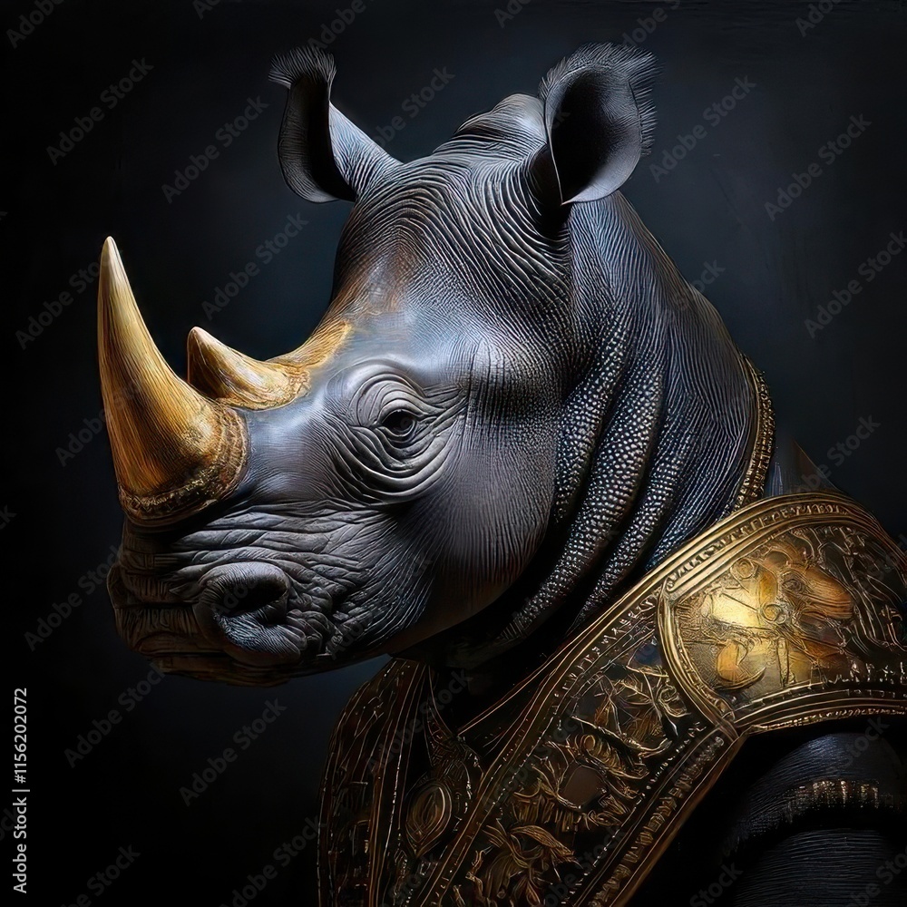 Fantasy portrait of a rhinoceros wearing intricate golden armor, showcasing a regal and powerful design on a dark background. Fantasy portrait of a rhinoceros wearing intricate golden armor, showcasing a regal and powerful design on a dark background.