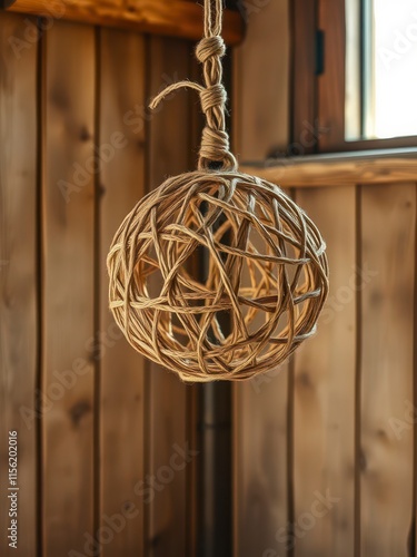 Wallpaper Mural Hanging ball decoration made of natural materials such as wood and twine against a rustic backdrop, wooden decorations, earthy tones, rustic backdrop Torontodigital.ca