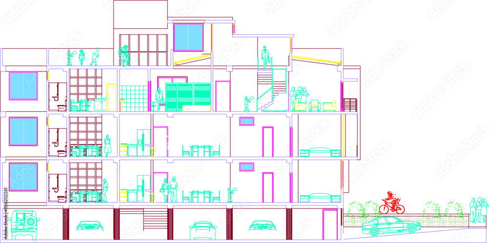 Vector sketch illustration silhouette of architectural engineering design drawing of The Luxury Apartment Building Project Vector sketch illustration silhouette of architectural engineering design drawing of The Luxury Apartment Building Project