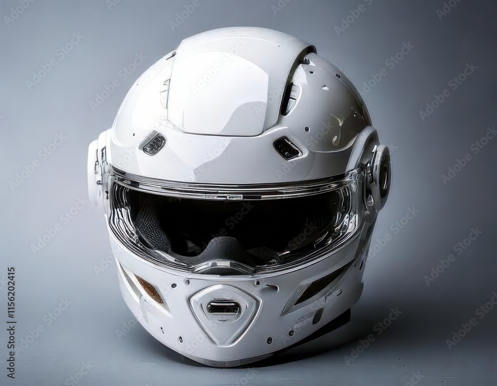 Fototapeta premium Close-up of a sleek white motorcycle helmet with modern aerodynamic design and intricate detailing, set against a neutral background.