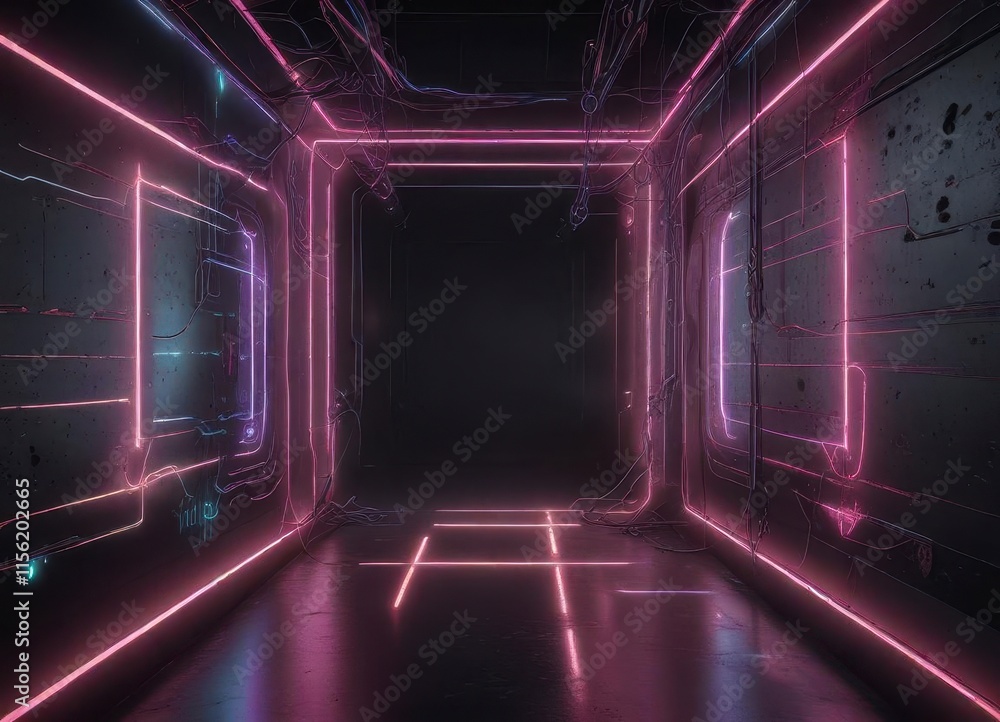 Geometric abstract circuitry with neon lights and wires in a minimalist style, design, tech Geometric abstract circuitry with neon lights and wires in a minimalist style, design, tech