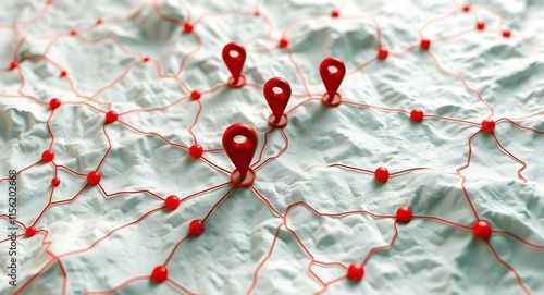 3d map with red location pins and network lines illustrating gis mapping and spatial data connections, background, wallpaper  photo