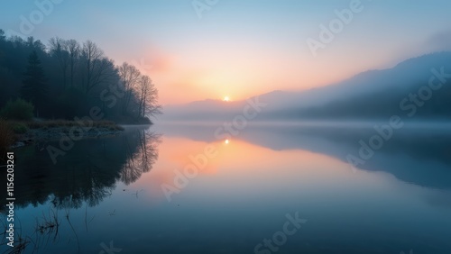 Wallpaper Mural Serene Sunrise Reflection on a Misty Lake Torontodigital.ca