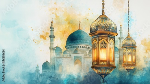 Watercolor Painting of a Mosque with Hanging Lanterns: A Ramadan Celebration